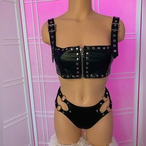 Studded zip up faux Leather Top and Panties